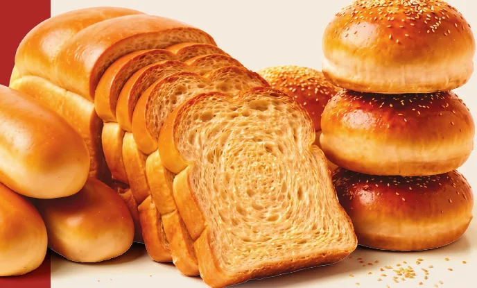 Sliced bread, burger buns and rolls